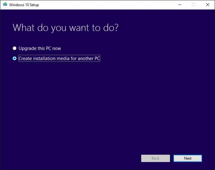 Download Windows 10 November Update ISO file via Microsoft's Media Creation Tool 2 Select "Create installation media for another PC."