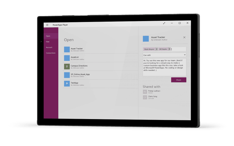 PowerApps can be shared via email just like any Office 365 document.