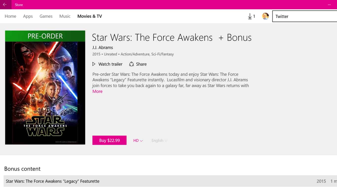 Star Wars: The Force Awakens in the Films & TV app on Windows 10