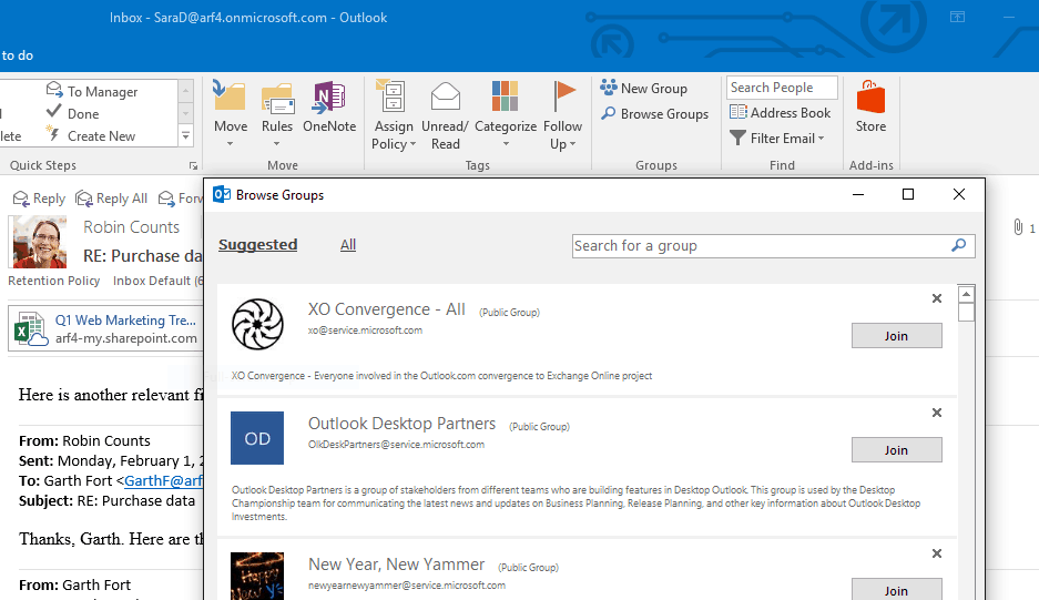 Browse Outlook groups in Outlook 2016