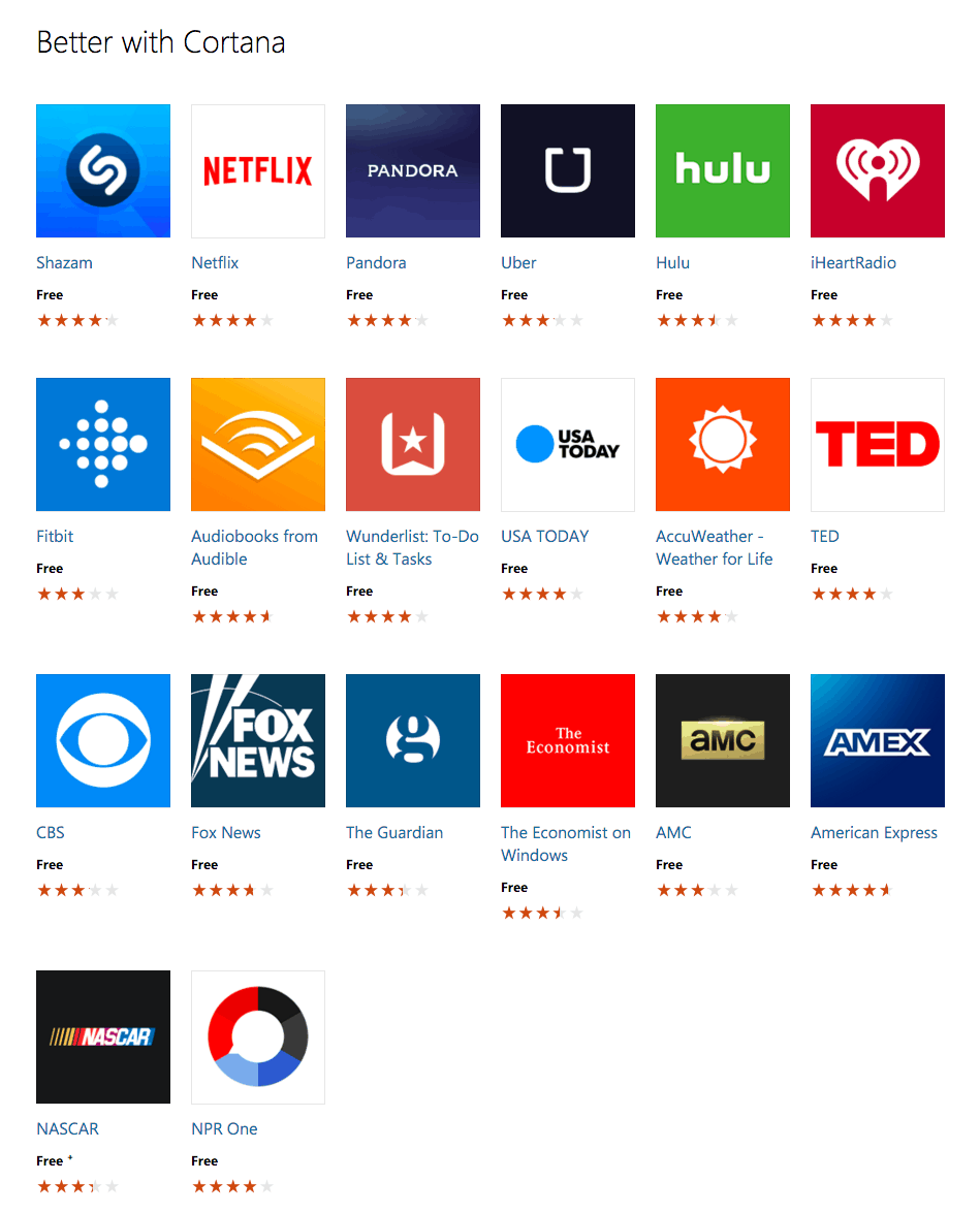 The 'Better with Cortana' Windows 10 app collection.