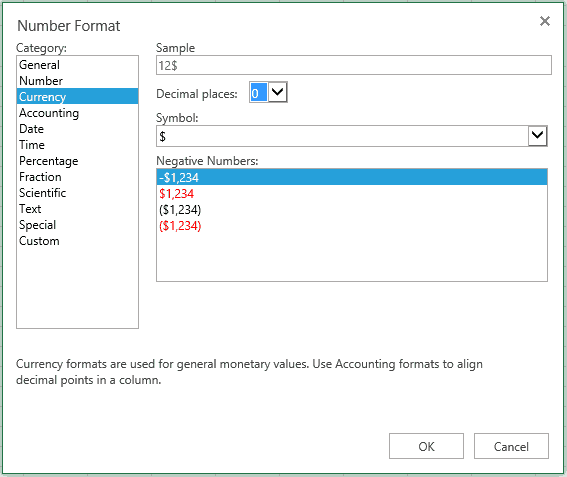 The Number Format dialog has the same options as the Excel desktop app.