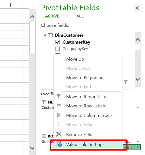 Launch the Value Field Settings dialog from the Value menu in the PivotTable setting pane.