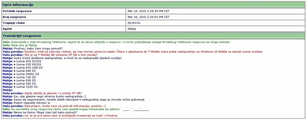 This chat between T-Mobile Croatia and a customer reveals the carrier's plan for Windows 10 Mobile rollout