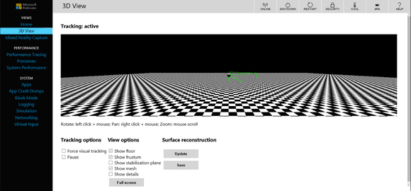 The "3D view" panel on the the HoloLens Device Portal. 