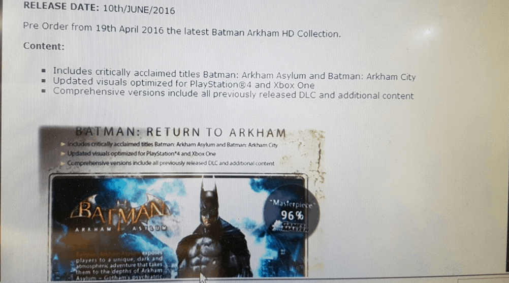 The picture of the Batman Arkham HD Collection supposedly taken by a Gamestop employee.