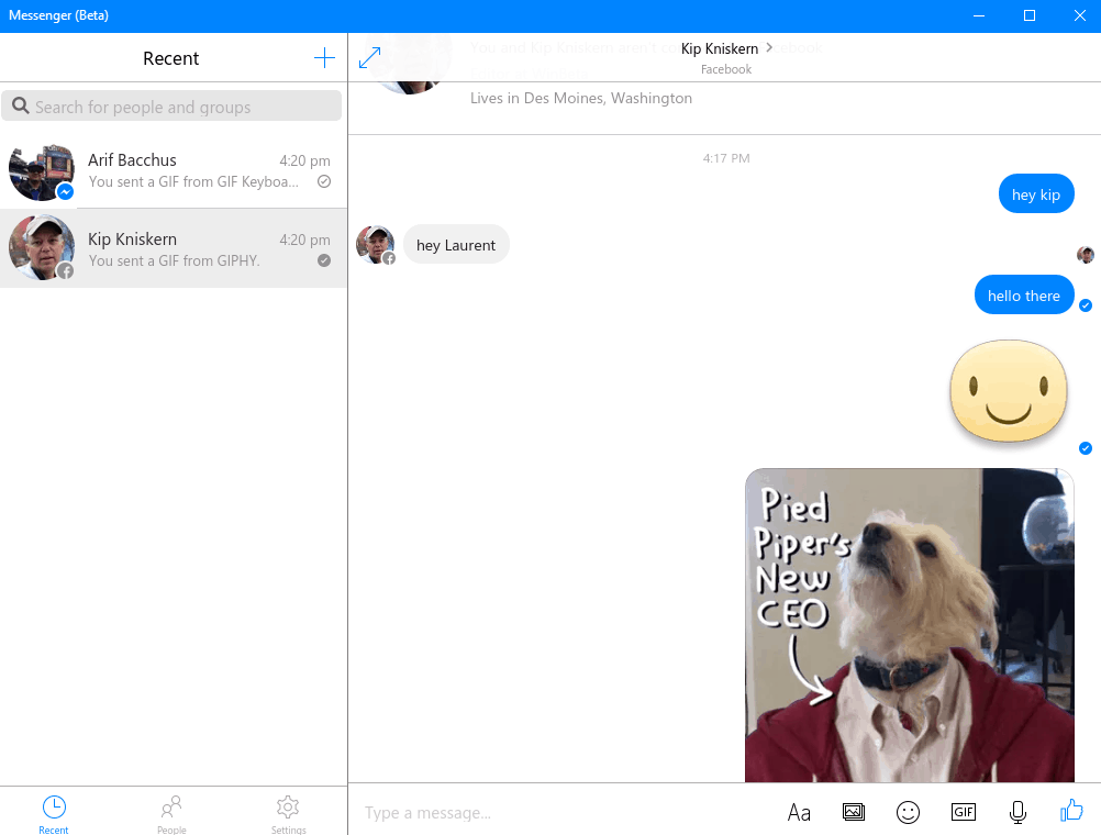 You can send stickers, gifs and voice messages.