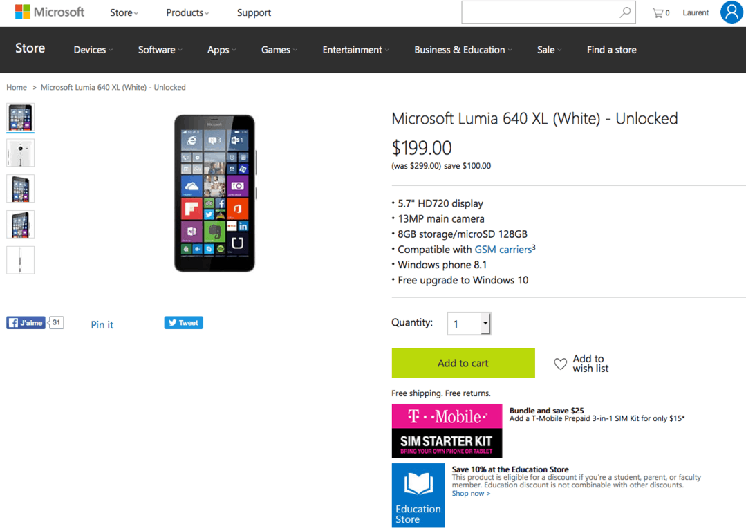 The Lumia 640XL on the US Microsoft Store.