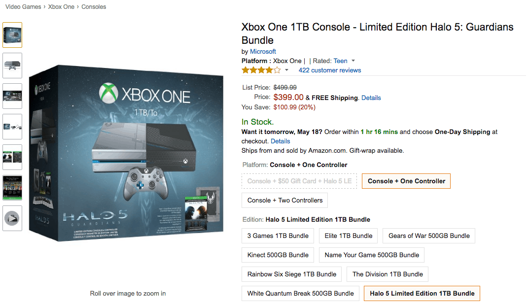 Deal: Pick Up An Xbox One 1Tb Limited Edition Halo 5: Guardian Bundle For $100 Off At Amazon - Amazon.com Xbox One 1Tb Console Limited Edition Halo 5 Guardians Bundle Video Games Amazon Xbox One 1TB Console Limited Edition Halo 5 Guardians Bundle