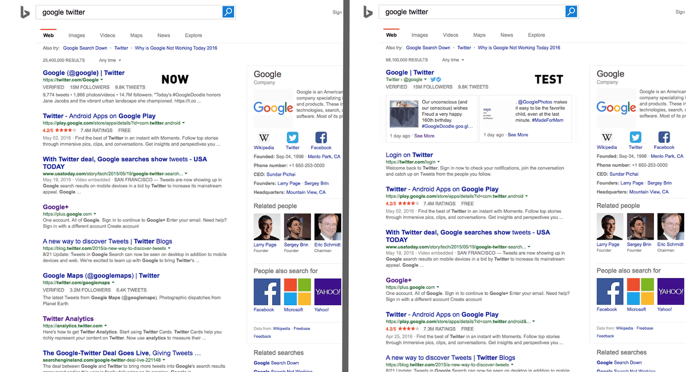 Bing is testing a new way to display tweets in its search results. (credit: Rubén Gómez).