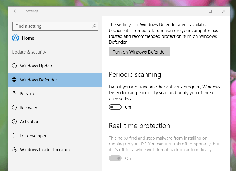 Windows Defender settings
