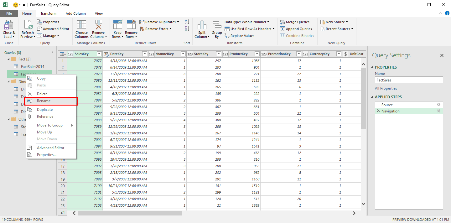 Rename queries directly from the Queries pane inside the Query Editor.