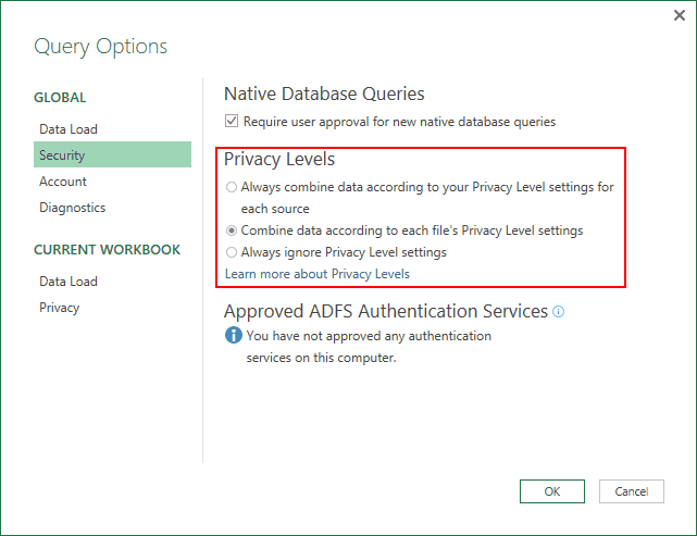 The Query Options dialog features three privacy options.