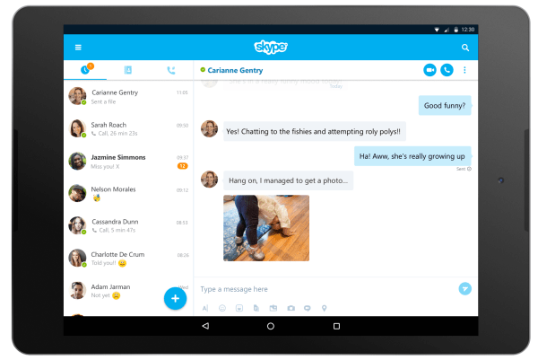 The redesigned tablet UI in Skype for Android 7.0.
