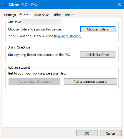 Account Settings for syncing accounts in OneDrive