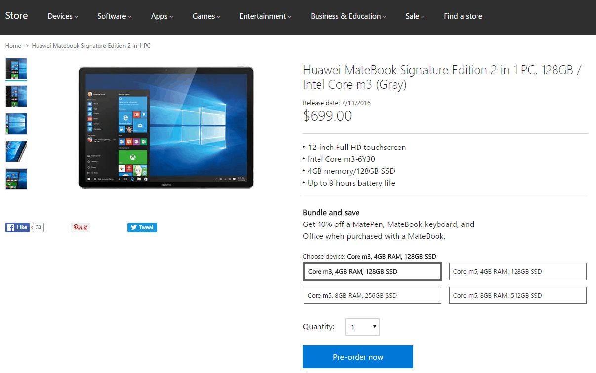 Huawei matebook available for pre-order at the microsoft store, 40% off accessories with purchase - onmsft. Com - june 28, 2016