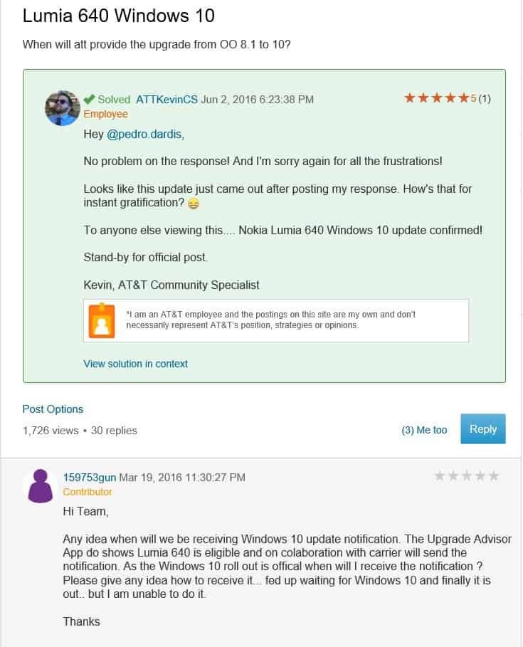 AT&T Lumia 640 Windows 10 Mobile rollout