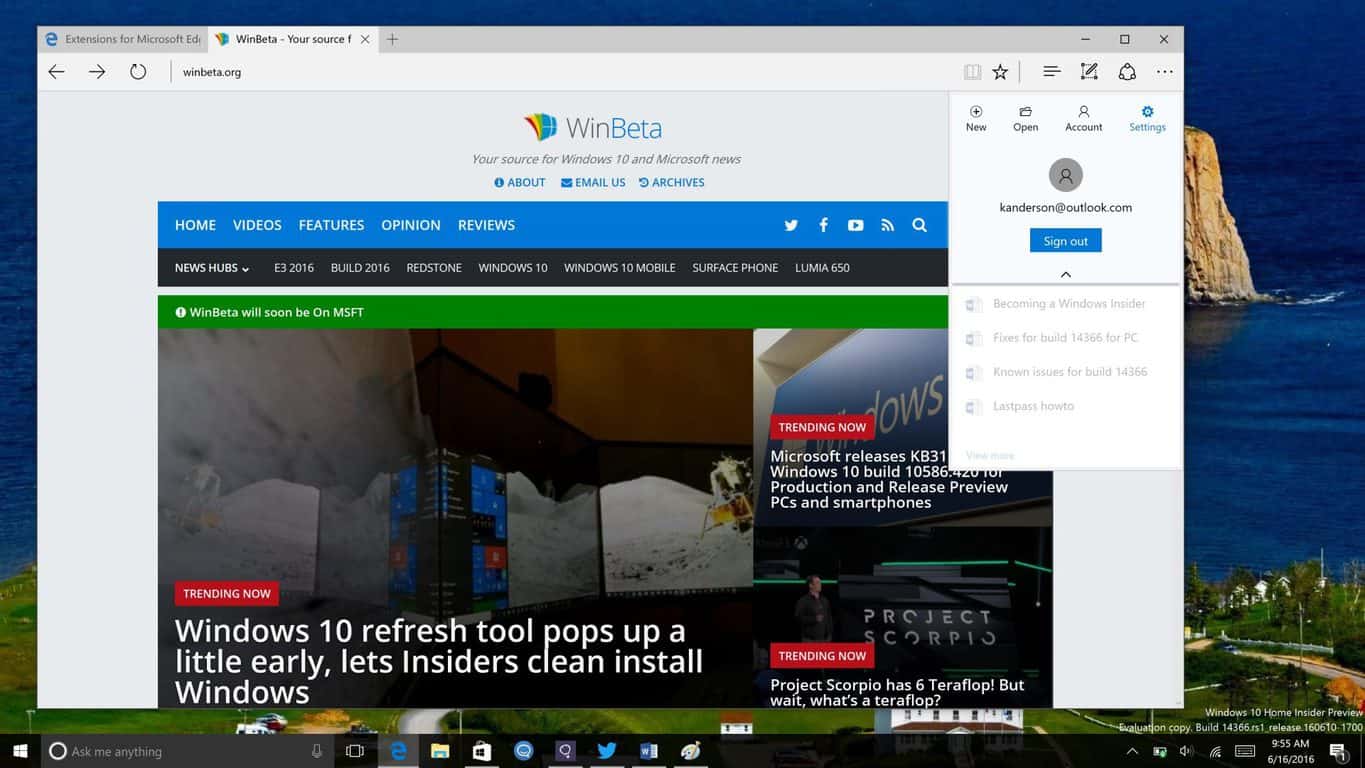 A closer look at the latest Windows Insider Edge Extension: Office Online 7 Account Office Extension