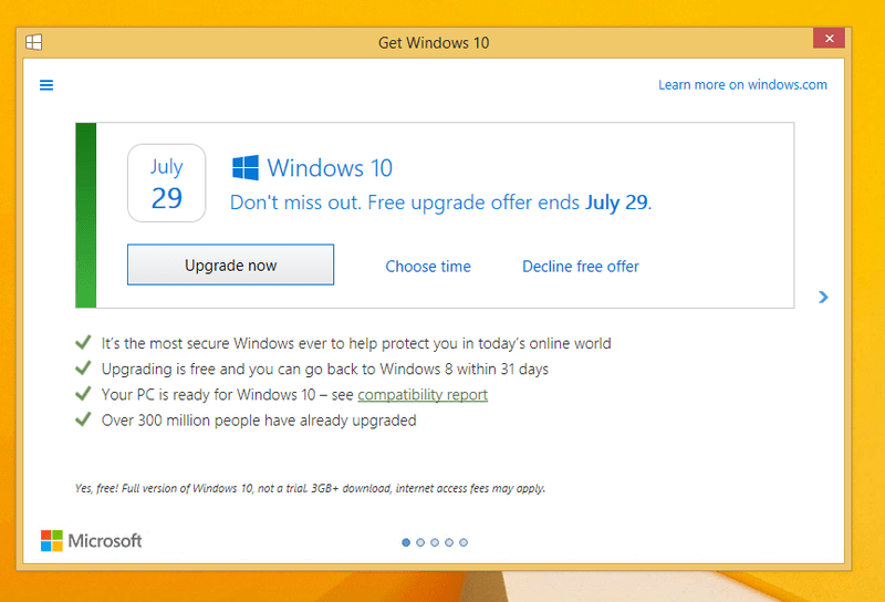 The revised Windows 10 upgraded prompt (credit: The Verge).