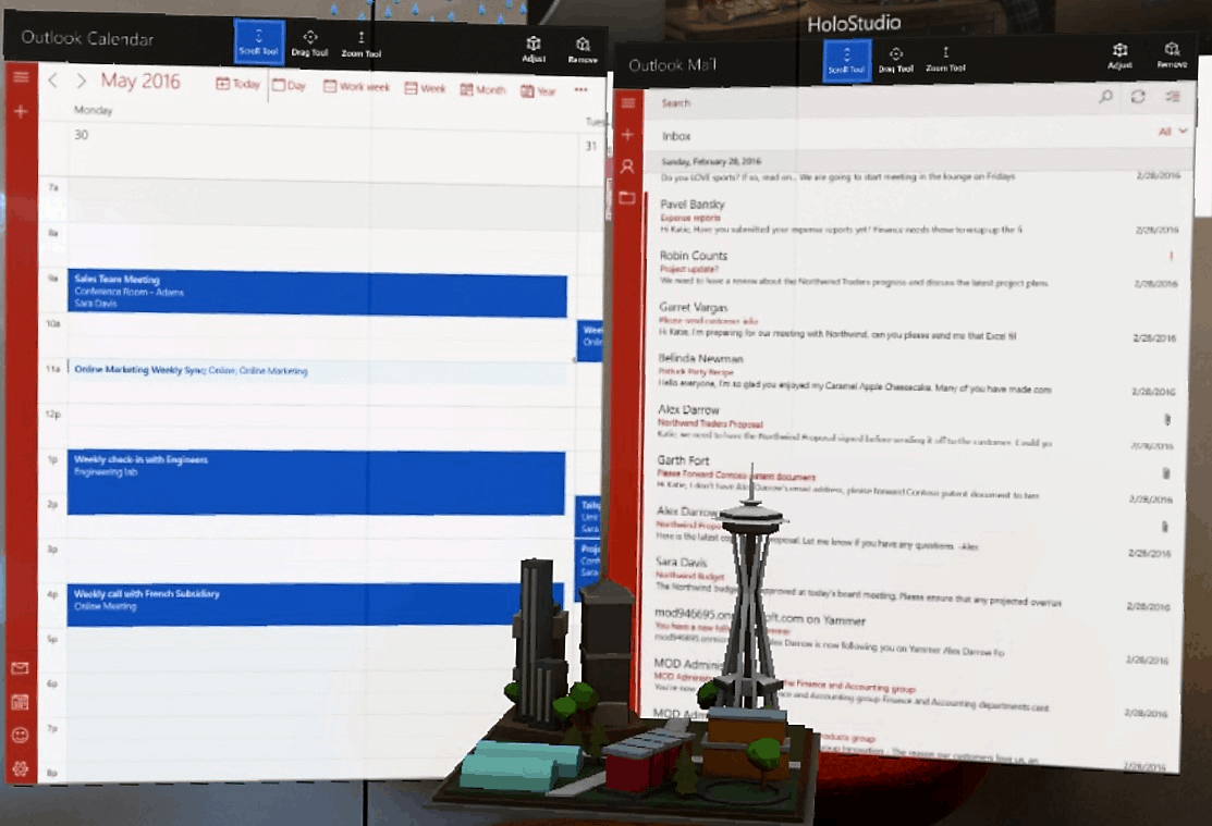 Outlook mail and calendar app looks awesome running on hololens - onmsft. Com - june 2, 2016