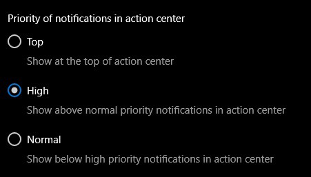 Windows 10 Action Center, notifications priority