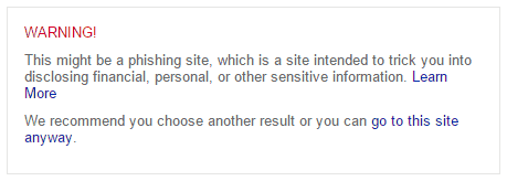 Bing phishing warning