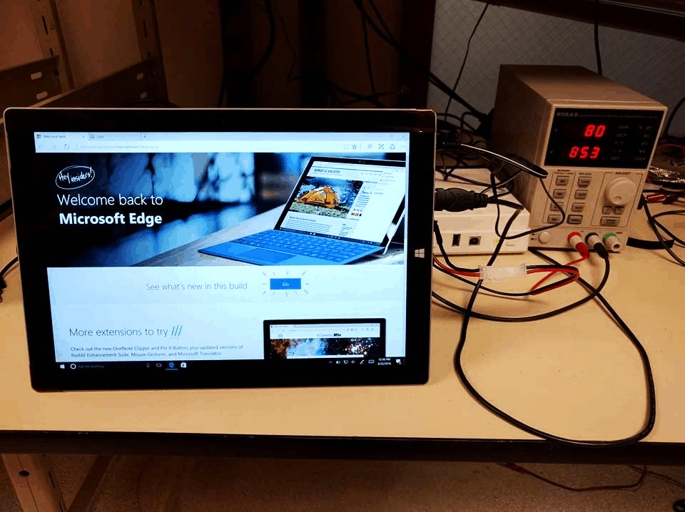 A Surface Pro 3 connected to a specialized power monitor in the Microsoft Power Consumtion lab.