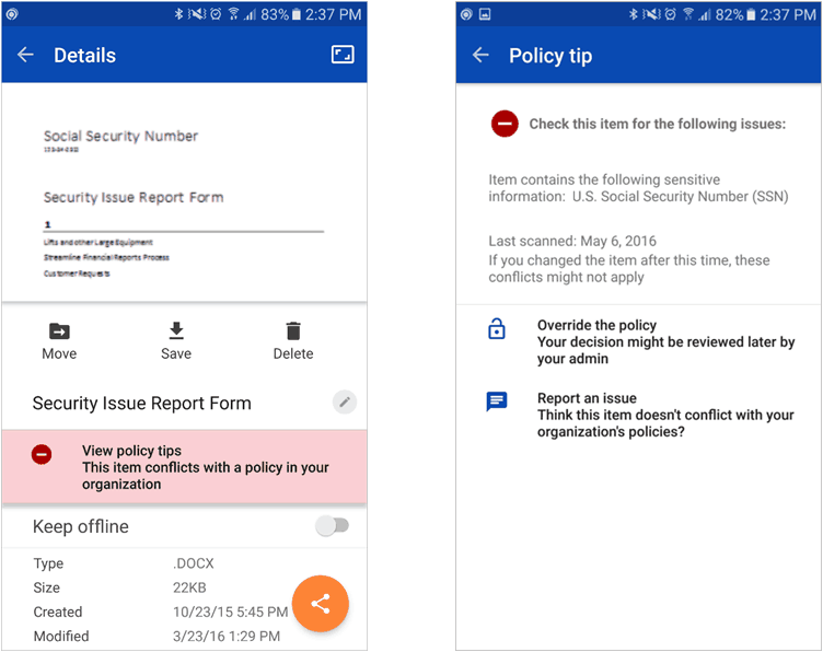 Microsoft Extends Data Loss Prevention Tips To Onedrive Mobile Apps - Data Loss Prevention Policy Tips Android 1 Data-Loss-Prevention-Policy-Tips-Android