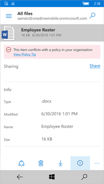 Microsoft Extends Data Loss Prevention Tips To Onedrive Mobile Apps - Data Loss Prevention Policy Tips Windows 10 Mobile 1 Data-Loss-Prevention-Policy-Tips-Windows 10 Mobile