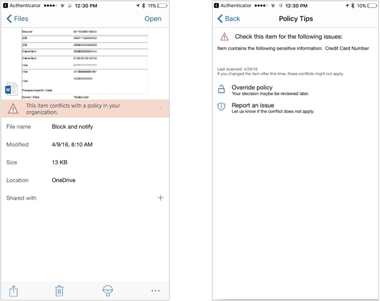 Microsoft Extends Data Loss Prevention Tips To Onedrive Mobile Apps - Data Loss Prevention Policy Tips Ios 1 Data-Loss-Prevention-Policy-Tips-iOS