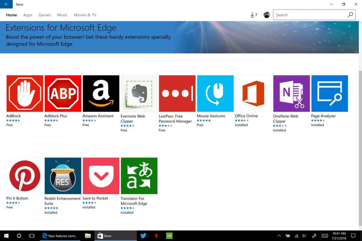Windows 10, anniversary update, edge, extensions