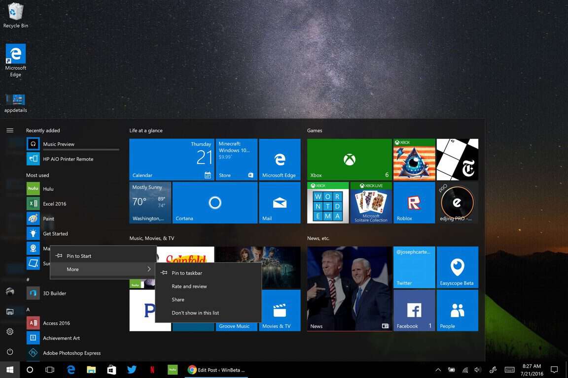 Windows 10, Anniversary Update, Start menu 