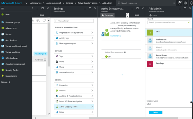 screenshot below shows an Azure portal AD administrator DBA 