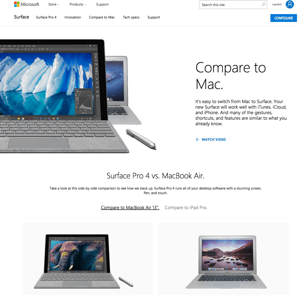 Microsoft compares its Surface hybrids against Apple Macbooks on its site.