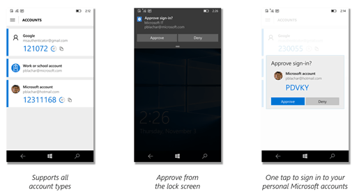 The new Microsoft Authenticator app on Windows 10 Mobile.