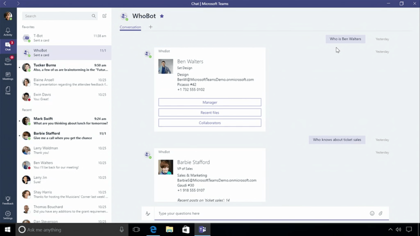 Microsoft teams introduces t-bot and who-bot - onmsft. Com - november 2, 2016