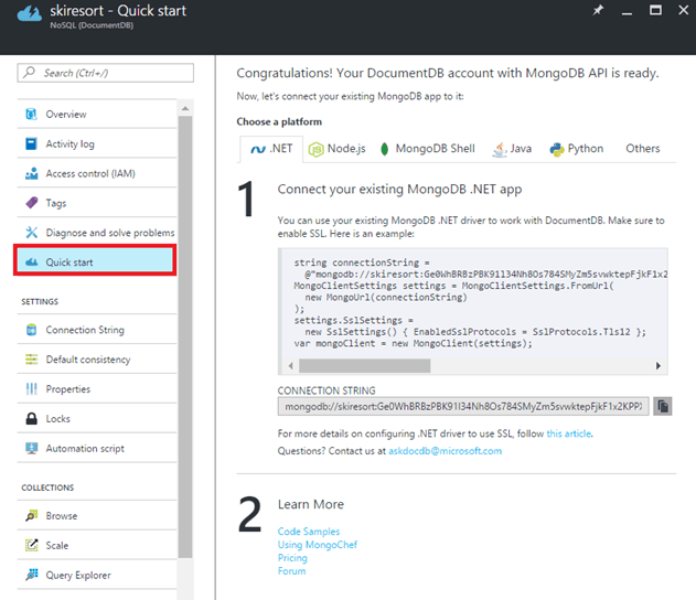 quick start, menu, azure, documentdb