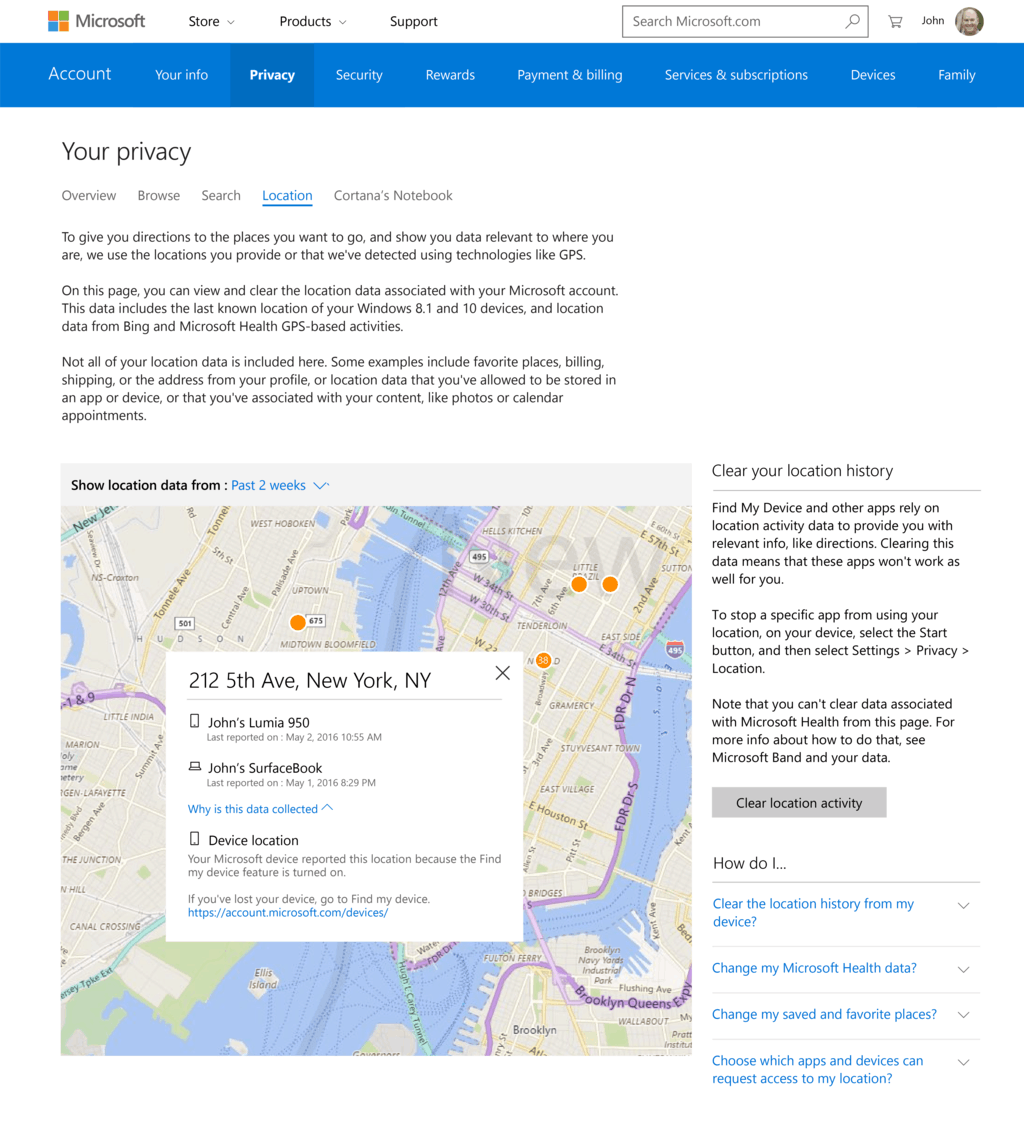 Microsoft privacy dashboard