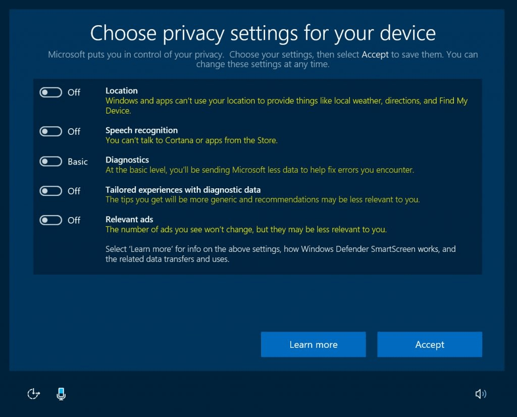 New windows 10 privacy settings