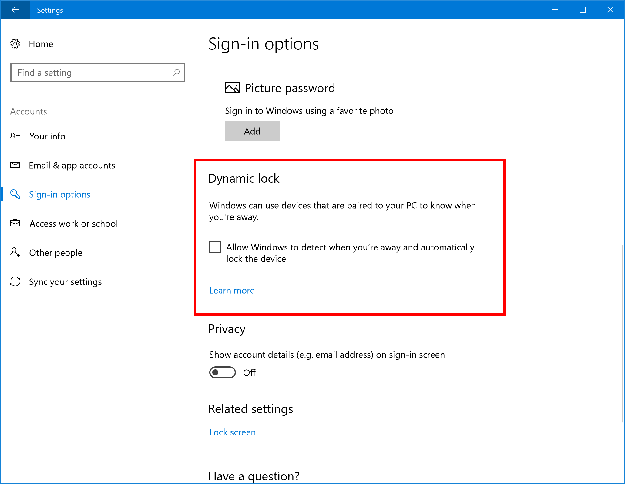 dynamic lock Windows 10 build 15031