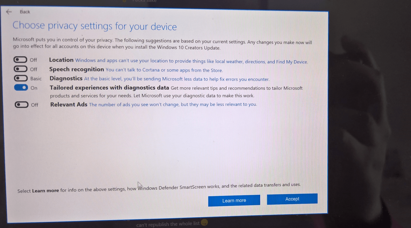 Creators Update Settings