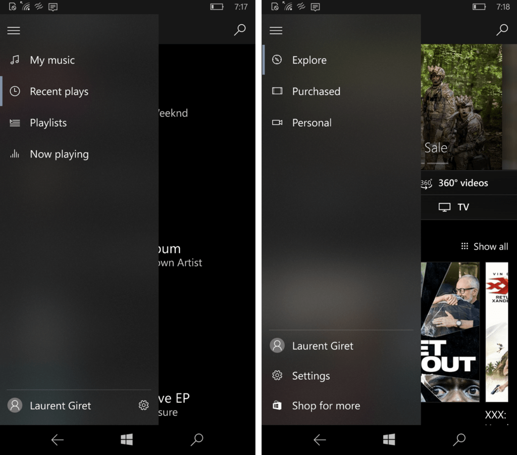 Windows 10 Mobile Fluent Design Groove Movies and TV