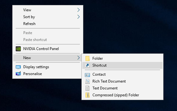 Windows 10 - Create new desktop shortcut