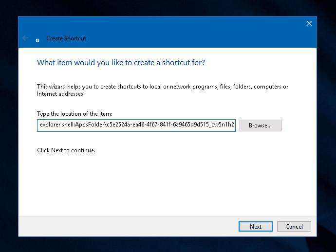 Windows 10 New shortcut window