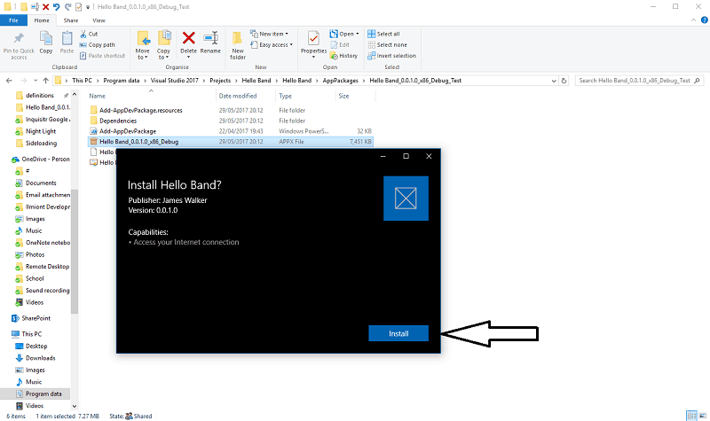 Screenshot of the Windows 10 App Installer prompting to sideload an APPX file