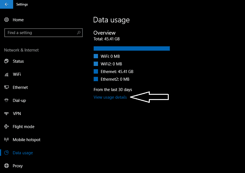 Screenshot of Windows 10 datS usage screen