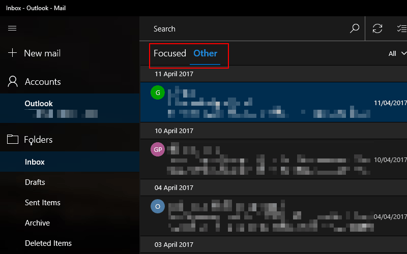 Screenshot showing Outlook Focused Inbox in Mail for Windows 10