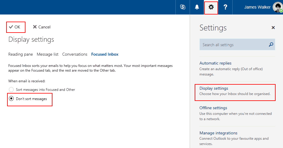 Screenshot showing Outlook Focused Inbox in the Outlook web app