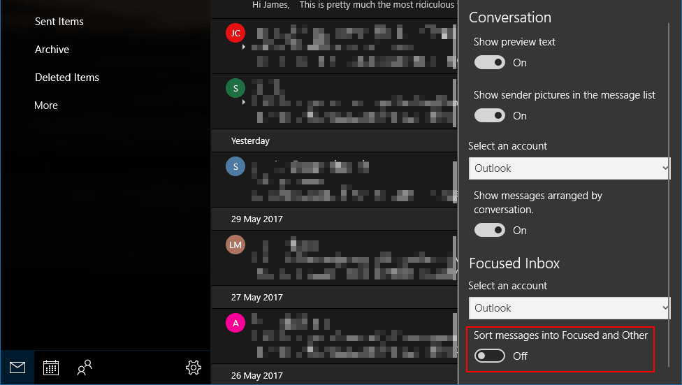Screenshot showing Outlook Focused Inbox settings in the Outlook app for Windows 10