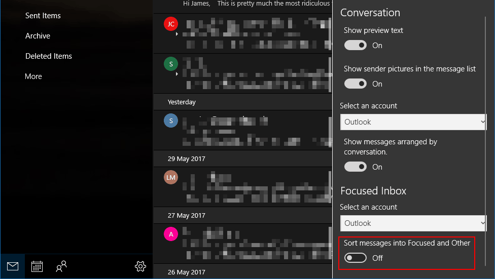 turn off focused inbox outlook for mac 2019